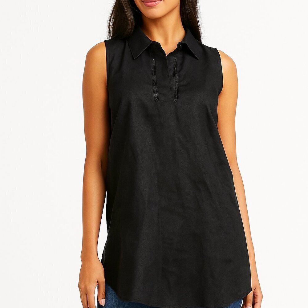 Chico’s 100% Linen Sleeveless Top Size Small Black Minimalist Neutral Lagenlook